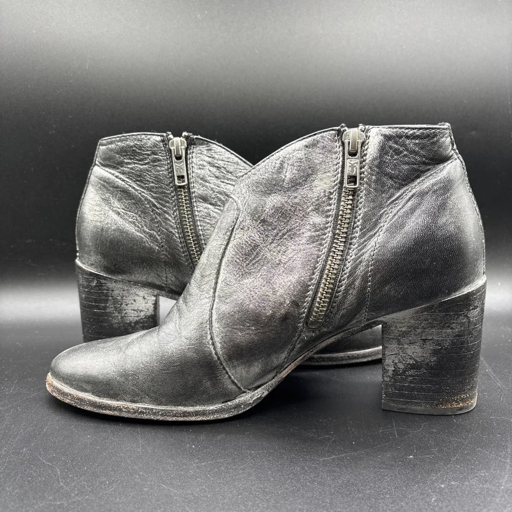 Frye Nora Boots Women's 8.5 B Silver Black Leather Side Zip Block Ankle Bootie